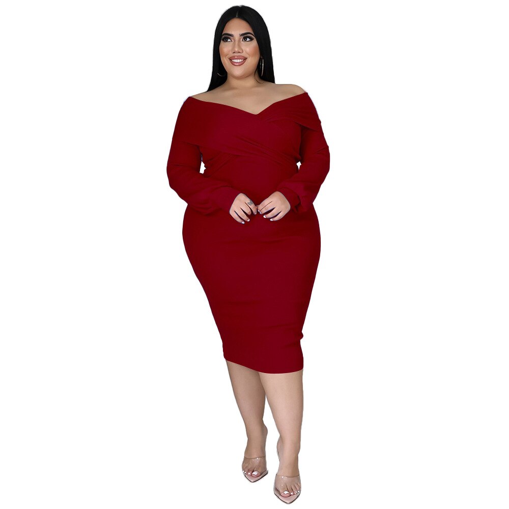 Aovica Elegant Fashion Plus Size Dress 2023 New Long Sleeve Off Shoulder Women's  Solid Party Dress   3