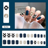 Aovica- 24pcs/box Detachable Fake Nails Set Black Checkerboard Full Nail Art Tips Short Square Artificial False Nails Tips