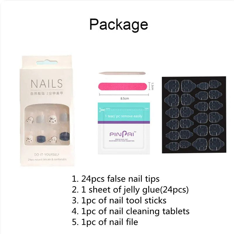 Aovica- 24pcs Detachable False Nails Green Lattice Short Fake Nails With Designs Bow Flower Decal Square Level Nail Tips