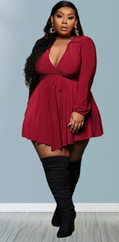 Aovica Plus Size  Dress Women Wholesale Fall Clothes Solid Long SleeveV Neck Mini Dresses Club Birthday Outfits