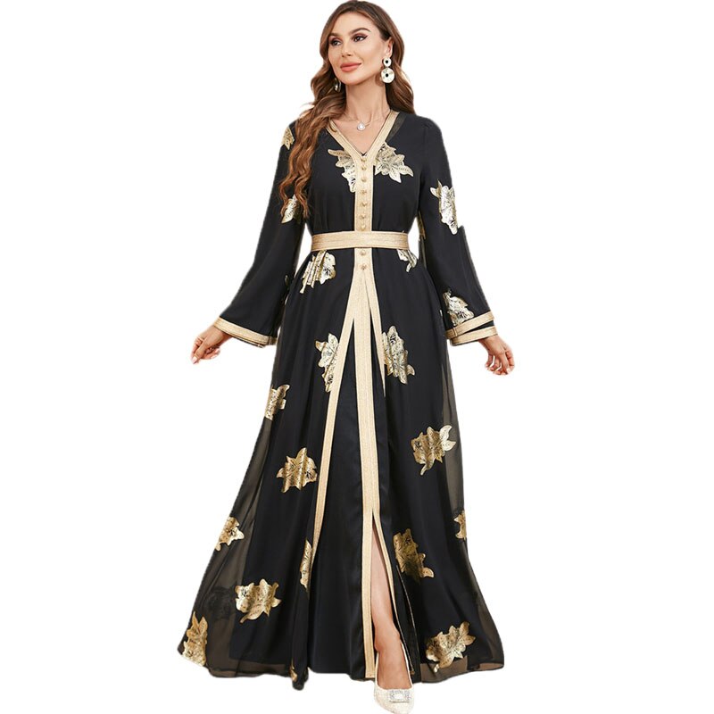 spring dresses for women 2023 Tape Trim V-Neck Long Sleeve Maxi Dress 2 Pieces Turkey Dubai Arabic Moroccan Caftan Muslim Clothes