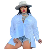 Plus Size  Women's White Blouse Long Sleeve Button Up Irregular Solid Shirt Lady Wear Casual Classic Streetwear Tops