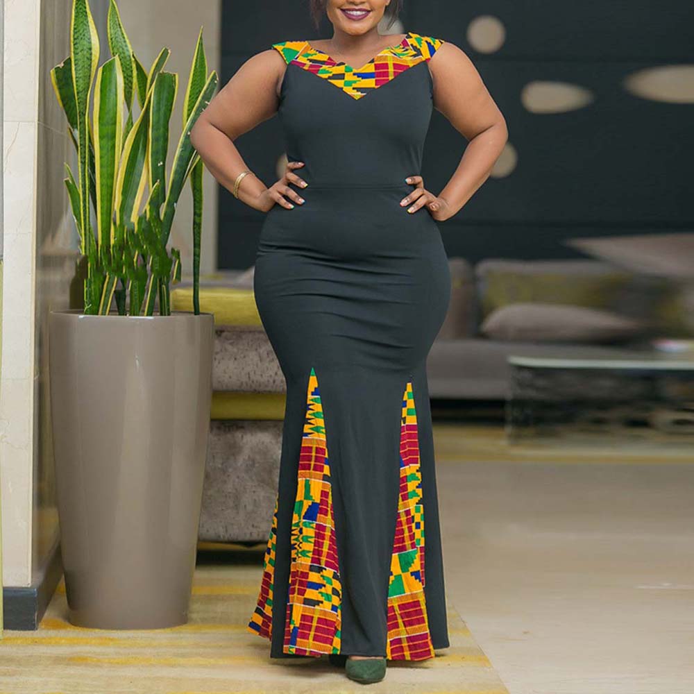 Aovica 2022 Summer Sundress African Ethnic Print Bodycon Mermaid Sleeveless Plus Size Dresses for Women 4xl 5xl 6xl Casual Long Dress