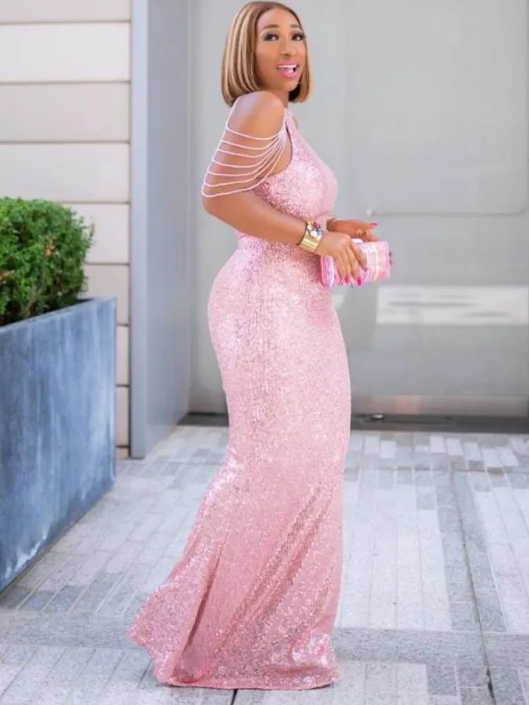 Aovica- Women Pink Shiny Maxi Dress Sequin Long Party Halter Glitter Dance Evening African Female Gowns Celebrate Occasion Wedding Guest
