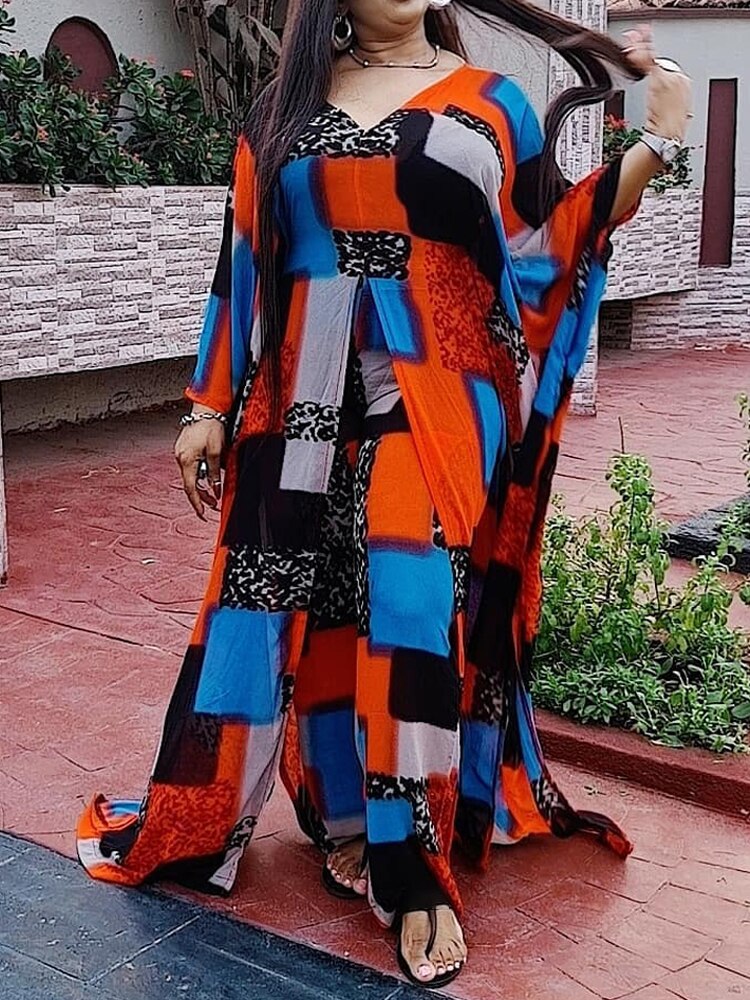 Aovica  African Plus Size Chiffon Clothes For Women 2 Piece Set Ankara Dashiki Long Dress Pants Suits Boho Print Outfits Party Robes
