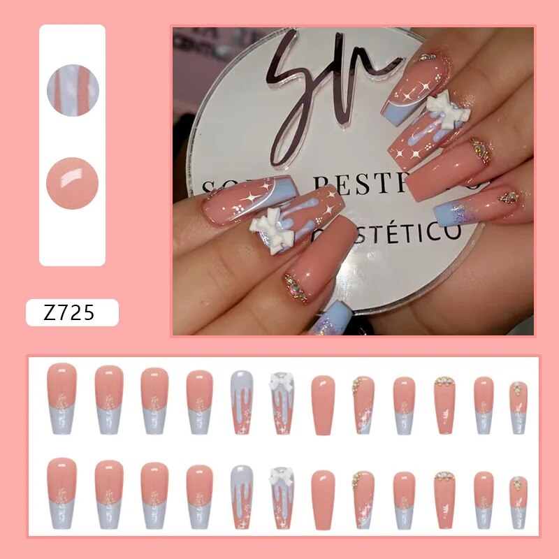 Aovica- 24pcs/Box Gradient Nail Art Patches False Nails Short Square Nail Blue Starry Glitter Teardrop Diamond Fake Nail Tips