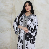 Black Floral Maxi Long Dress for Women Elegant Ethnic Ribbon V Neck Middle East Muslim Jalabiya Autumn 2023 Abaya Eid Ramadan