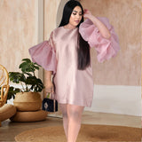 Aovica Plus Size Dresses Pink Loose Half Puff Sleeve O Neck Knee Length Oversized Women Birthday Evening Event Occasion African Dress