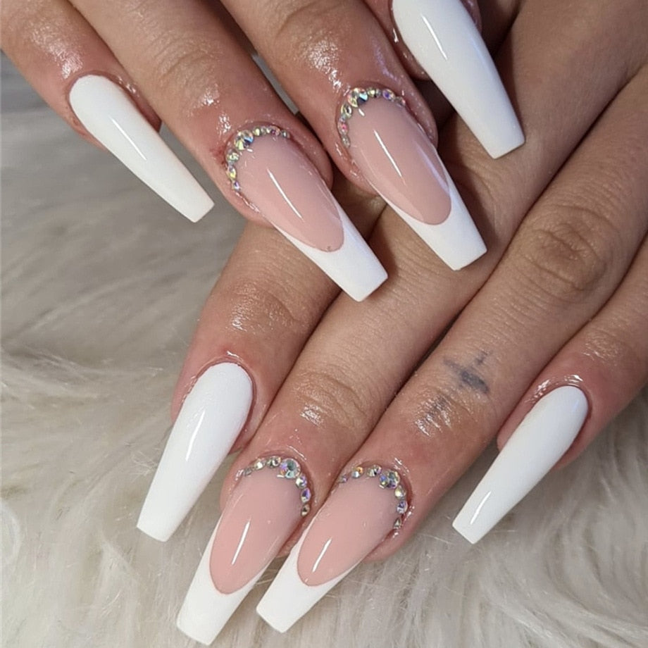 Aovica 24Pcs False Nails With Glue Flower Design Long Coffin French Ballerina Fake Nails Full Cover Acrylic Nail Tips Press On Nails