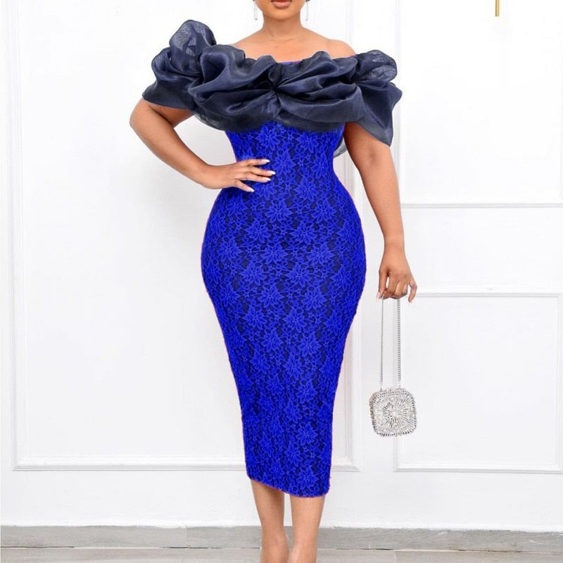 Aovica Dashiki African Dresses For Women Party Gown Robe Bodycon Midi  Dresses Ruffle Short Sleeve Evening Vestido Africano Mujer