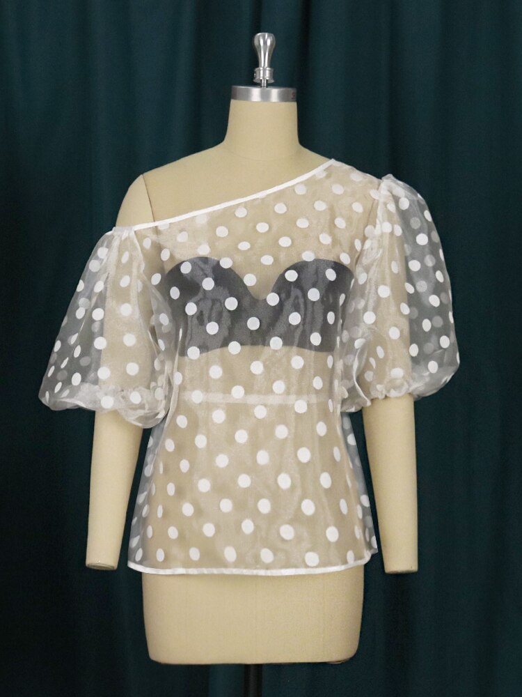 Aovica Elegant Women Blouse Tops Transparent Polka Dots See Through Puff Sleeve Large Size Shirts 2023 Fashion Blouses Party Club Wear