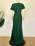 Aovica Green Sequins Maxi Dresses Short Sleeve Slash Neck High Waist Slim Fit Mermaid Evening Birthday Party Outfits for Women 2023 New