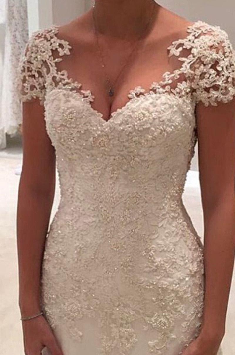 Aovica New Luxury Beading Brush Train Lace Up Wedding Dress  Strapless Applique Customized Plus Size Bridal Gown