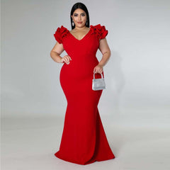 Aovica designer plus size evening dress elegant ruffle red black  backless large sizes women party formal maxi long dresses summer