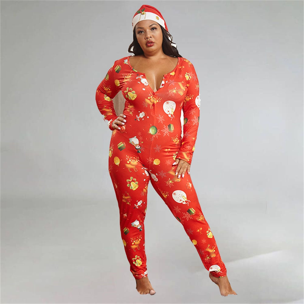 Aovica Plus Size Christmas Prined Jumspuit For Women V Neck Long Sleeve Pencil Pants One Piece Night Club Pajamas Festival Romper 2023