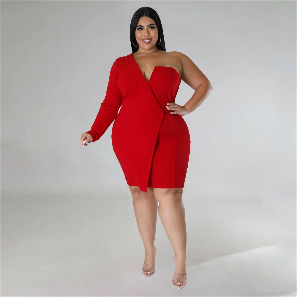 Aovica Plus Size  Lady Night Party Mini Dress For Women One Shoulder Long Sleeve Irregular Bodycon Short Vestidos Banquet Gowns