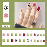 Aovica- Summer False Nail Manicure Patch Wearable Nail Finished Cow Pattern Short Square Fack Nail With Wearing Tool