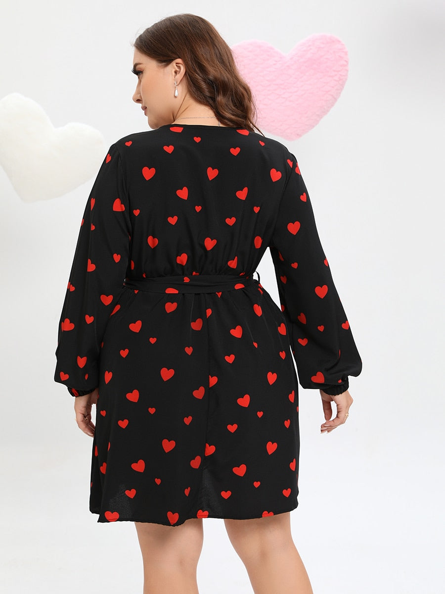 Aovica Plus Size Dresses For Women 2023 Summer Allover Heart Print Belted Midi Dress Elegant Heart Pattern Dress