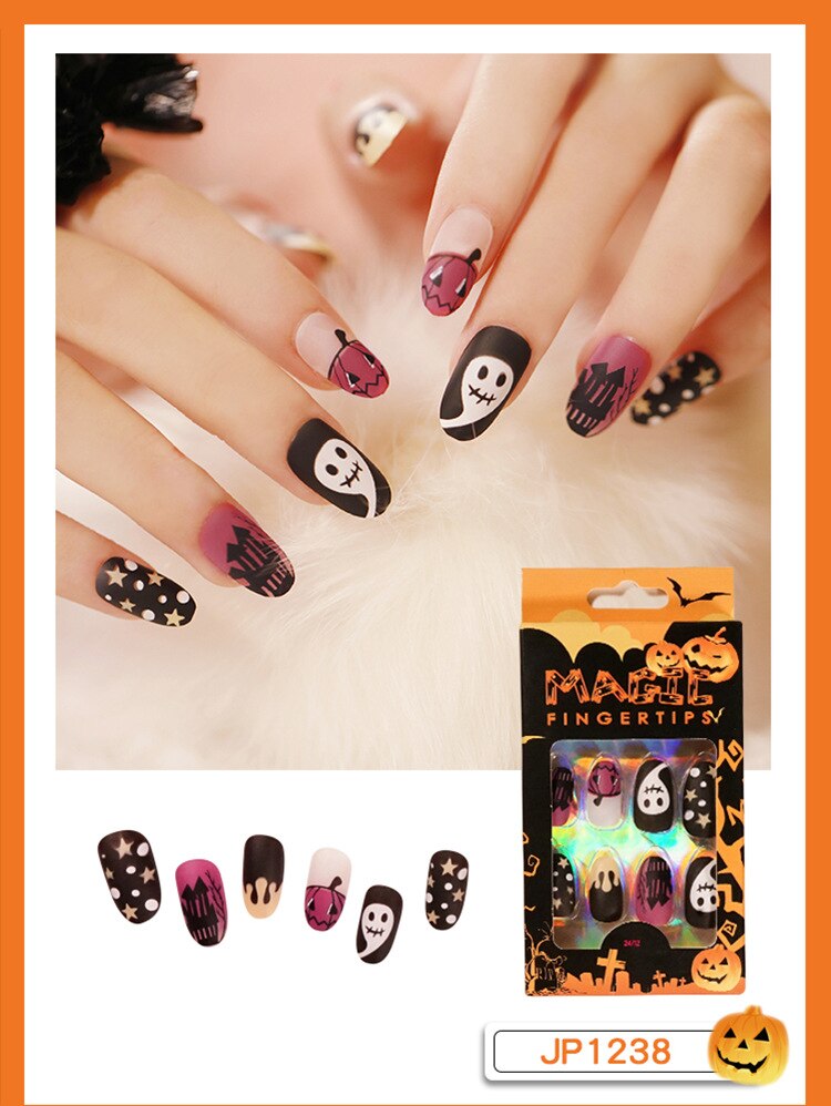 Christmas Aovica False Nails Press On Set Almond Black Ghost Design Long Fake Nail Pumpkin Pressure Decorated Adhesive Nail Tips 24Pcs