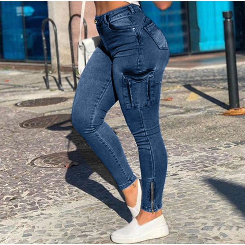 Aovica Pockets Patchwork Slim Fit Black Cargo Jeans 3XL Vintage Streetwear Women High Waist Zip Hem Stretchy Skinny Denim Pencil Pants