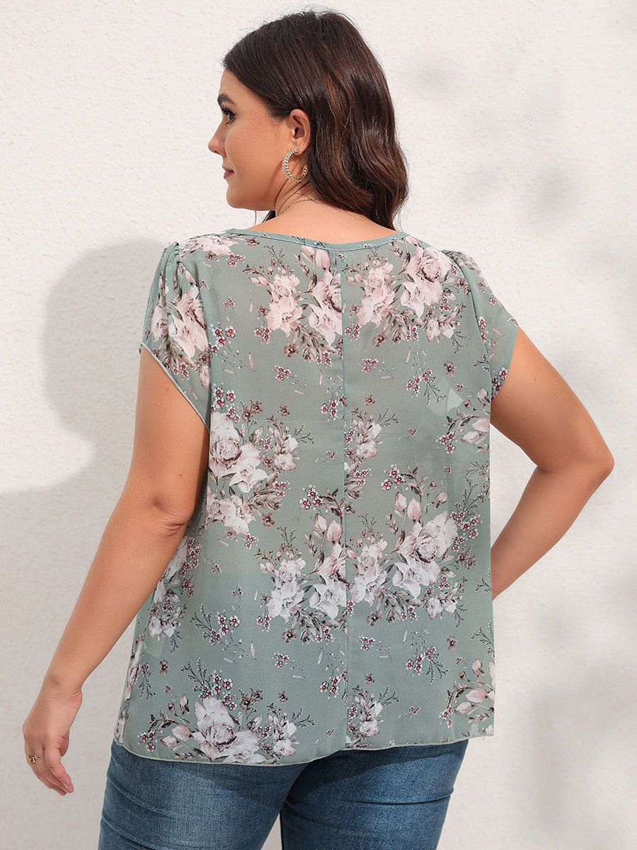 Aovica Floral Print Keyhole Neckline Blouse Plus Size Short Sleeve Casual Women's Top