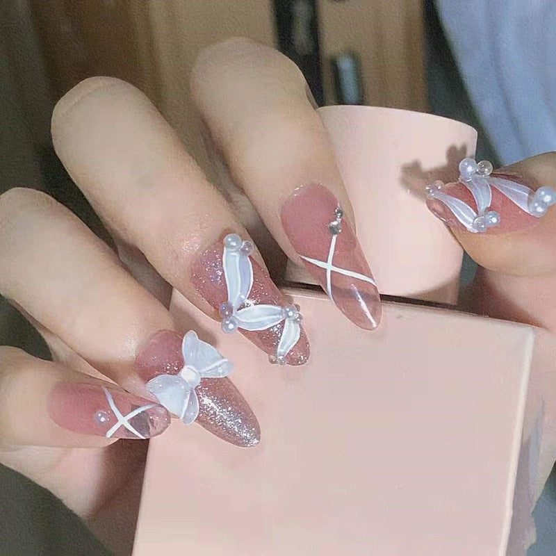 Fake nails with glue designed 24pcs French Ribbon Wear Long Paragraph Fashion Manicure Patch False Nails Wearable Nail Patch TY