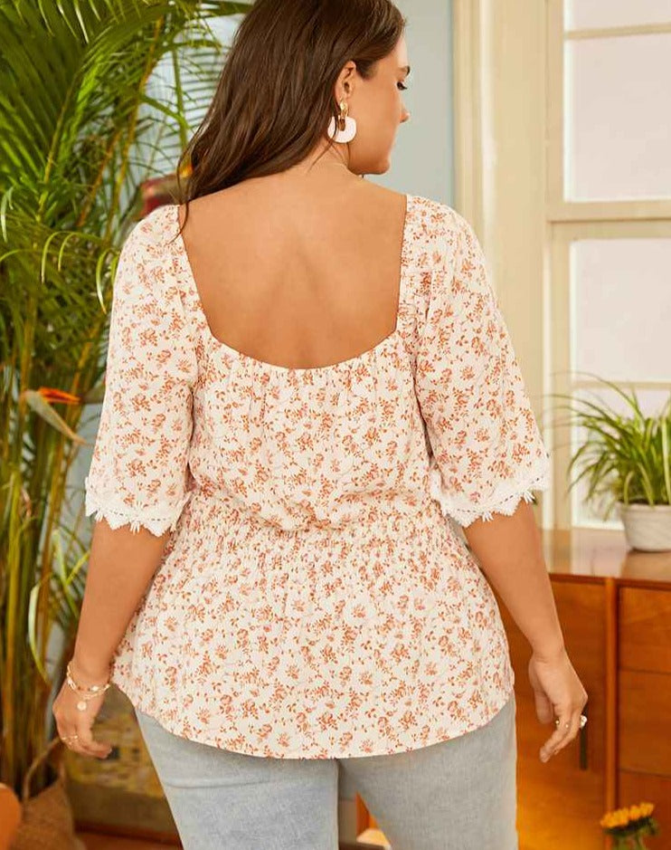 Aovica Plus Size Fashion Blouses Women  Half Sleeve Summer Shirts 222 Square Collar Lace Bohemian Flower Printed Party Tops