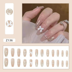 Aovica- 24pcs Shiny Butterfly Long Coffin False Nails Detachable Wearable Gold Foil Ballerina Fake Nails Full Cover Nail Tips Press Glue