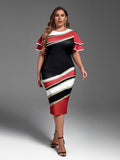 Plus Size Dress Elegant Geometric Printed Slim Party Dresses for Women 2023 Summer Layered Short Sleeve Dress Casual Outfits