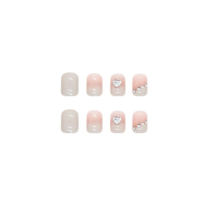 Aovica- 24Pcs/Set Short Square Fake Nails Heart Diamonds Nail Arts Manicure False Nails With Design With Wearing Tool