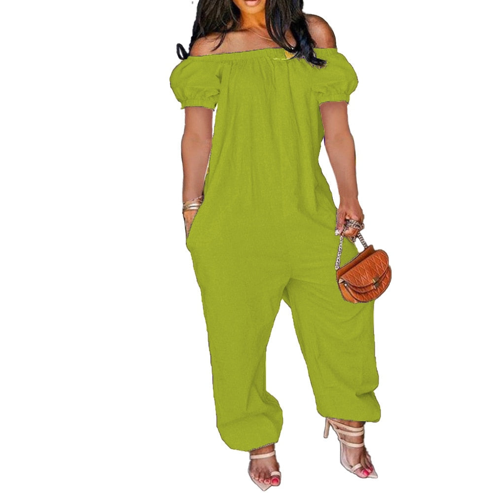 Aovica Plus Size S-4xl Jumpsuit Women Elegance Wholesale Off Shoulder Solid Short Sleeve Loose Overalls One Piece Outfits Dropshpping