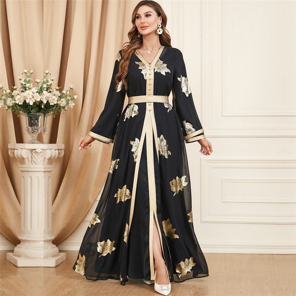 spring dresses for women 2023 Tape Trim V-Neck Long Sleeve Maxi Dress 2 Pieces Turkey Dubai Arabic Moroccan Caftan Muslim Clothes