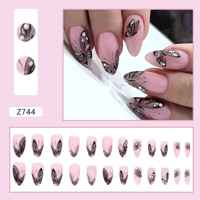 Aovica- 24pcs/Box Gradient Nail Art Patches False Nails Short Square Nail Blue Starry Glitter Teardrop Diamond Fake Nail Tips