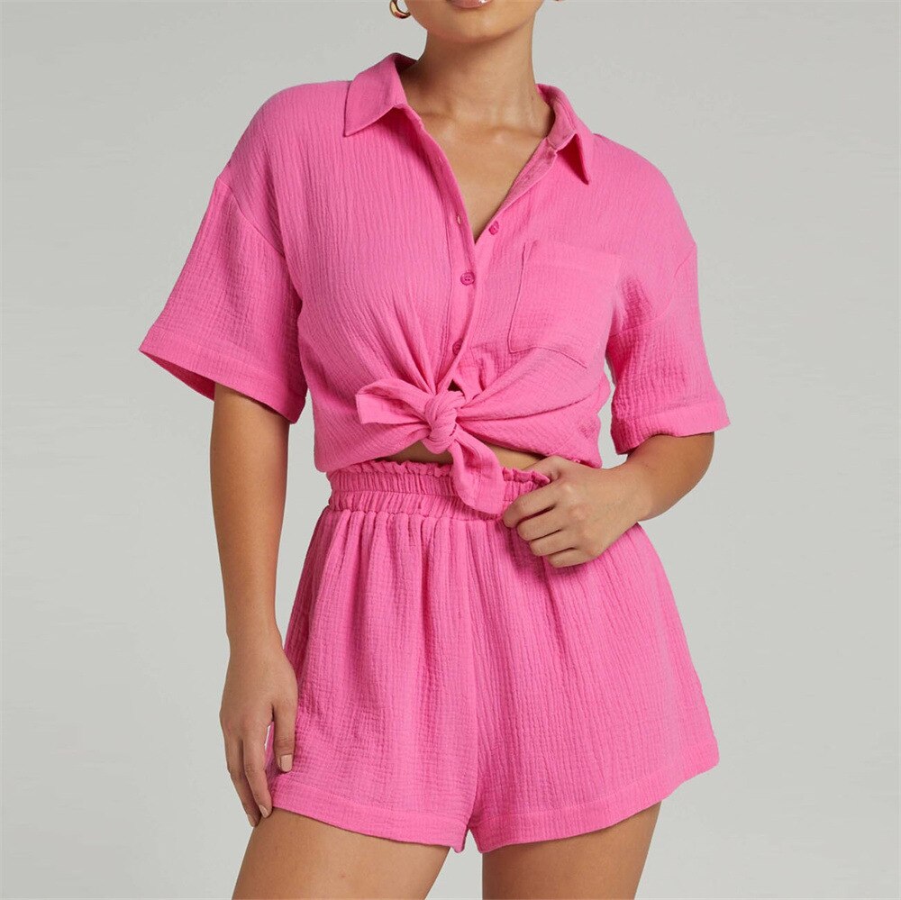 Graduation dress Summer Two Piece Sets Womens Blouse Shirts Casual Tops Short Sleeve Single Breasted Blusas Femme Shorts Cotton Linen Suit Solid