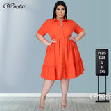 Aovica New Plus Size Dresses Women Summer Wholesale Solid Buttons Casual Turn Down Collar Knee Length Ruffle Shirt Dress Dropshipping