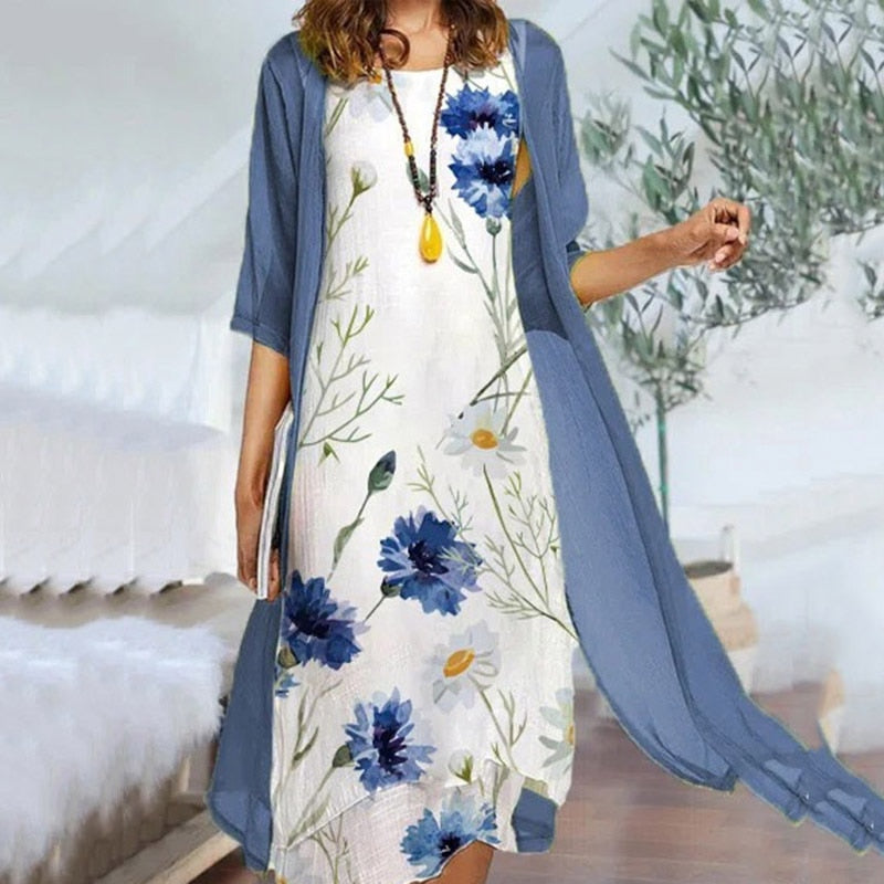 Women Dress Sets Vestidos Mujer Floral Chiffon Sleeveless Maxi Dress and Long Cardigan Two Piece Set Robe Outfits Spring Summer