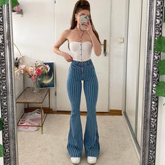 Graduation dress Summer Women Jeans Pants Long Causal Streetwear Bottom Stripe Print Trousers Clothing Female High Waist Flared Wide Leg Pants