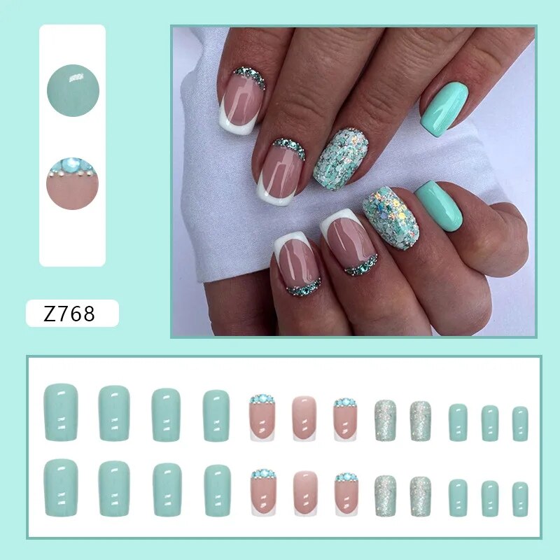 Aovica- 24pcs/Box Gradient Nail Art Patches False Nails Short Square Nail Blue Starry Glitter Teardrop Diamond Fake Nail Tips