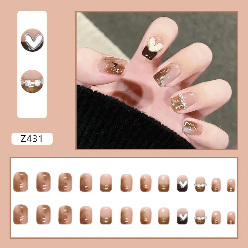 Aovica- 24Pcs/Set Short Ballet Fake Nails Butterfly Peach Nails Arts Manicure False Nails With Design With Wearing Tools
