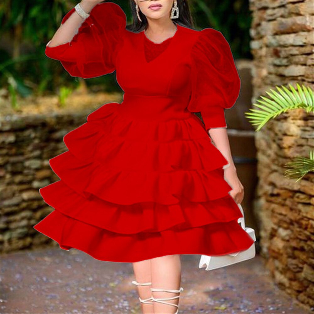 Aovica  Plus Size Tutu Dresses For Women African Dashiki Puff Sleeve Ruffle Dress Wedding Party Ankara Outfit Gown 2023 Ladies Kaftan