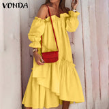 Aovica 2023  Summer  Off Shoulder Dress Women Long Sleeve Irregular Hem Lace Pleated Midi Sundress Bohemian Party Beach Robe