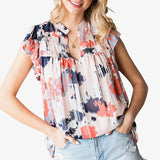Aovica Fashion V Neck Patchwork Blouse Tops New Summer Women Short Sleeve Graceful Casual Style Print T-Shirt Pullover