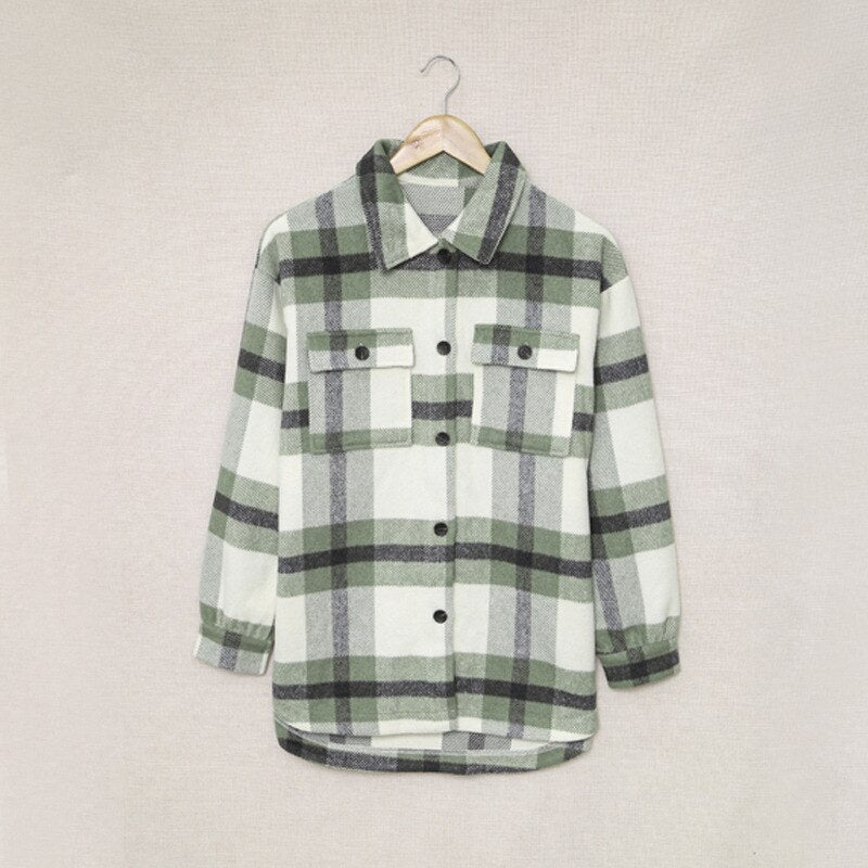 Aovica Early Autumn New Classic Style Plaid Jacket Women Stand-up Collar Cardigan Autumn Jacket Buttoned Pockets Plaid Shirt Women