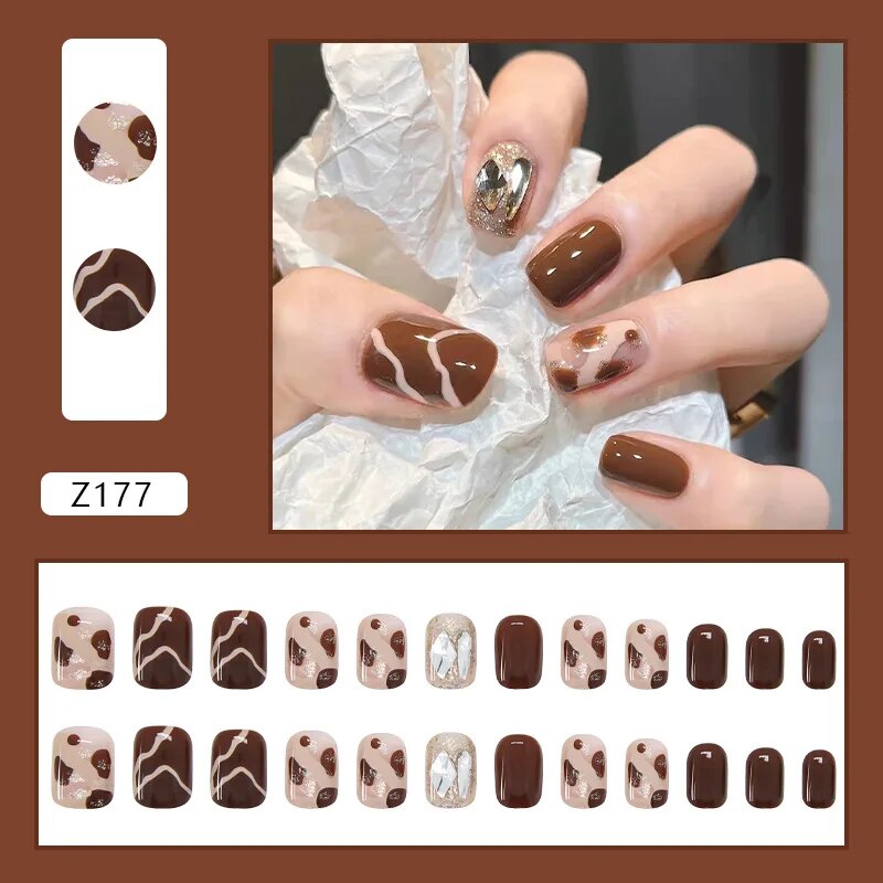 Aovica- Leopard Diamond Fake Nails Art Nail Tips Press on False Nails Set Full Cover Artificial Short Square Head Fingernails