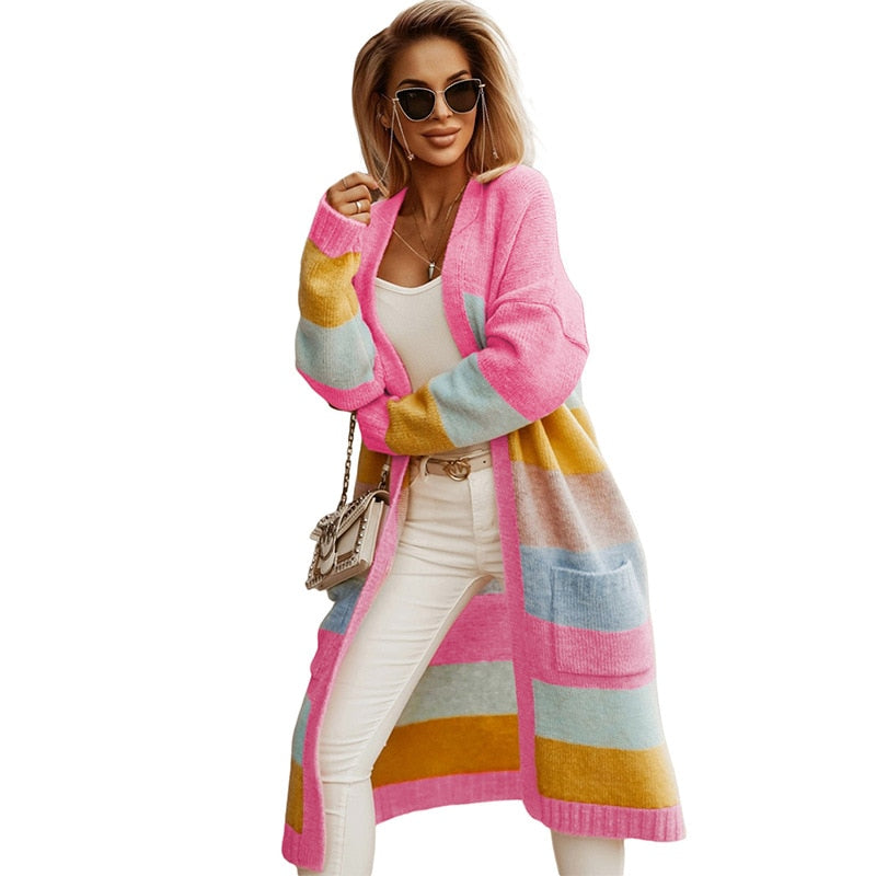 Aovica Early Autumn New Winter New Colorful Stripe Printed Knitted Coat Extended Casual Buckle Free Cardigan Women Sweater  Sweater