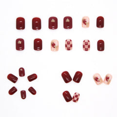 Aovica- Wine Red Checkerboard Fake Nails Art Nail Tips Press on False Nail Set Full Cover Artificial Short Head 24pcs/pack