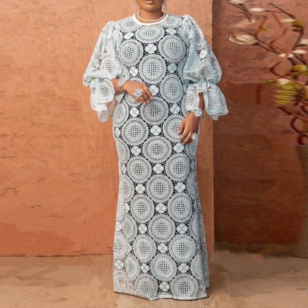 Aovica Plus Fashion  African Dresses For Women Hollow Out 2023 New Elegant Dashiki Robe Kaftan Long Maxi Dress One Piece