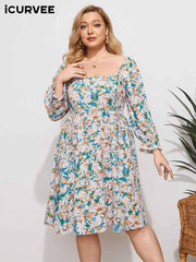 Aovica Plus Size Bohemian Summer Dress 2023 Vintage Long Sleeve  Square Collar Knee-length Party Sundress Holiday Vestidos