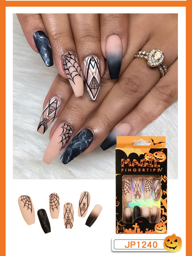 Christmas Aovica False Nails Press On Set Almond Black Ghost Design Long Fake Nail Pumpkin Pressure Decorated Adhesive Nail Tips 24Pcs