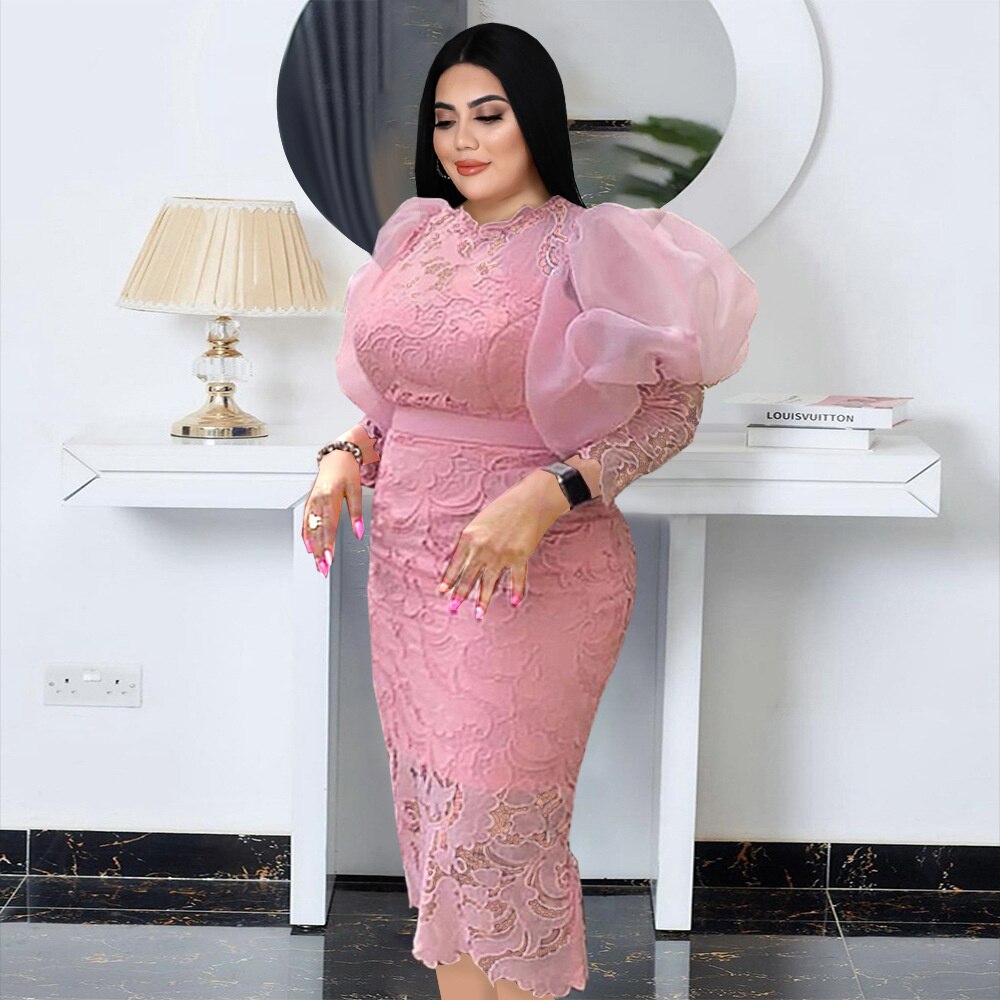 Plus Size Women Lace Dresses Lantern Sleeve Midi Bodycon Pencil Dress Lady  Summer Birthday Party Elegant Gowns with Sashes